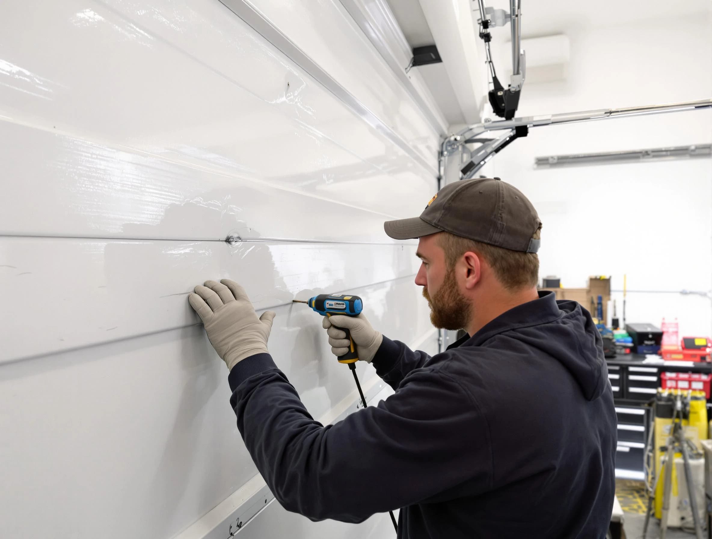 El Mirage Garage Door Repair technician demonstrating precision dent removal techniques on a El Mirage garage door